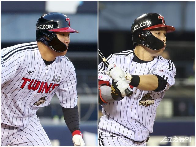 LG 문보경(왼쪽)과 문성주가 16일 잠실구장서 열린 롯데전서 타격하고 있다. LG는 이들 2명의 활약에 힘입어 5연속 위닝시리즈를 작성했다. 사진제공｜LG 트윈스