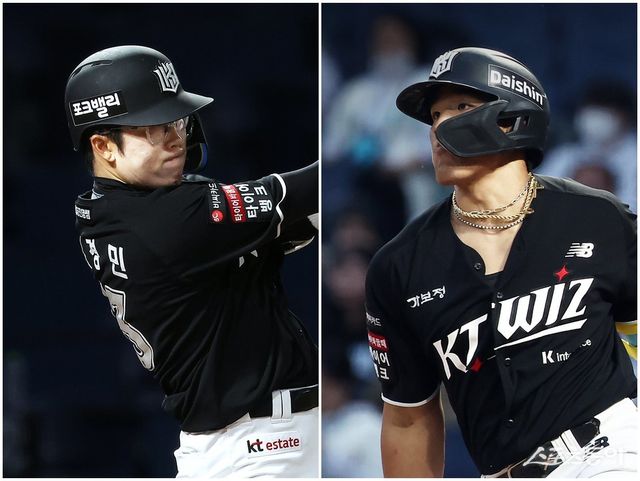 KT 허경민(왼쪽)과 안현민이 15일 창원 NC전서 나란히 햄스트링을 다쳐 전열을 이탈했다. 사진제공｜KT 위즈