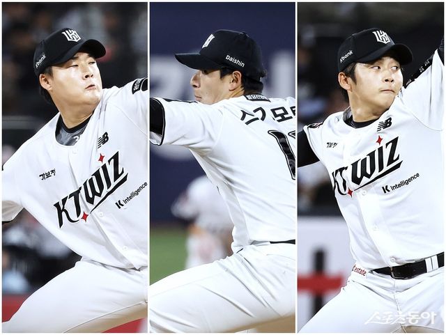 KT 한승혁, 스기모토 코우키, 박영현(왼쪽부터)이 빠른 공으로 이강철 감독을 미소 짓게 하고 있다. 사진제공｜KT 위즈