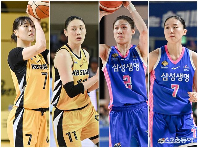 5년 만의 챔프전 리턴 매치가 막을 올린다. KB스타즈 박지수와 강이슬, 삼성생명 이해란과 강유림(왼쪽부터)이 챔프전서 격돌한다. 사진제공｜WKBL