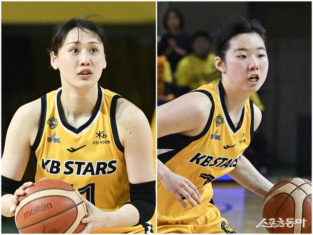 KB스타즈 강이슬(왼쪽)과 허예은이 22일 청주체육관서 열린 삼성생명과 챔피언 결정 1차전서 승리를 쌍끌이 했다. 사진제공｜WKBL