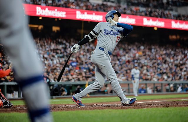다저스 오타니 쇼헤이가 22일(한국시간) 오라클파크서 열린 샌프란시스코전에서 타격하고 있다. 샌프란시스코｜AP뉴시스