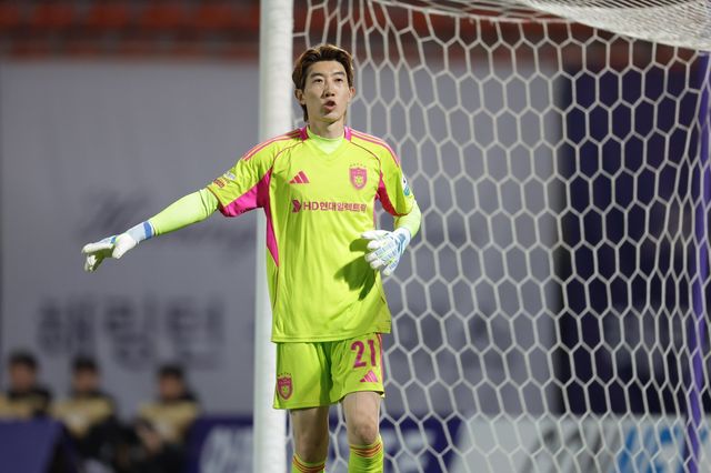 울산 조현우가 22일 FC안양과 원정경기 도중 동료들의 수비 위치를 지정해주고 있다. 사진제공｜한국프로축구연맹