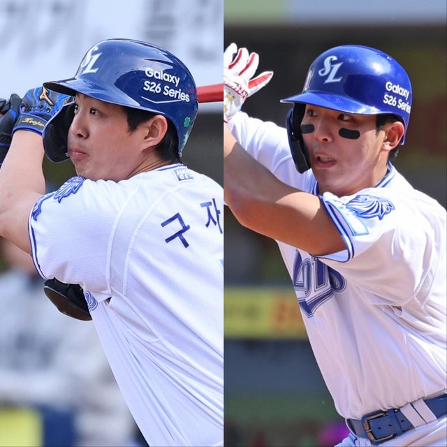 삼성 구자욱(왼쪽)과 김영웅은 5월 중순 부상에서 복귀해 팀에 합류할 예정이다. 타선이 침체한 팀은 부상자들의 복귀를 기다리고 있다. 사진제공｜삼성 라이온즈