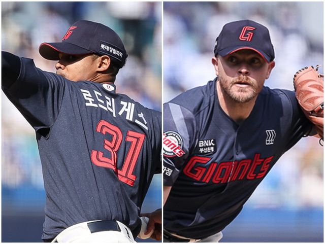 롯데 선발진이 안정을 되찾을지 궁금하다. 외국인 투수 엘빈 로드리게스(왼쪽), 제레미 비슬리의 적응도 관건이다. 사진제공｜롯데 자이언츠