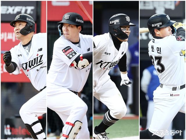 KT의 상승세가 예사롭지 않다. 장성우, 김현수, 최원준, 안현민(왼쪽부터) 등의 신구조화가 원동력으로 꼽힌다. 사진제공｜KT 위즈