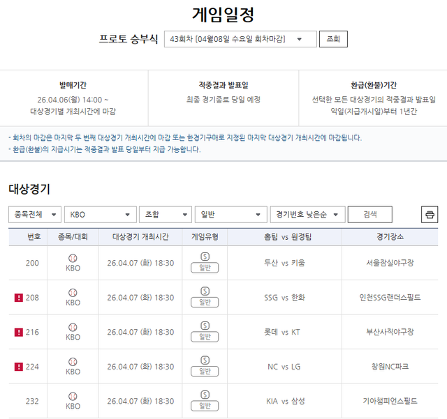 프로토 승부식 43회차 대상경기 정보.