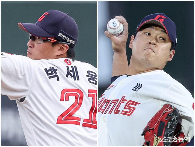 롯데의 국내 원투펀치 박세웅(왼쪽)과 나균안이 예년 같은 이닝 소화력을 보이지 못하고 있다. 사진제공｜롯데 자이언츠