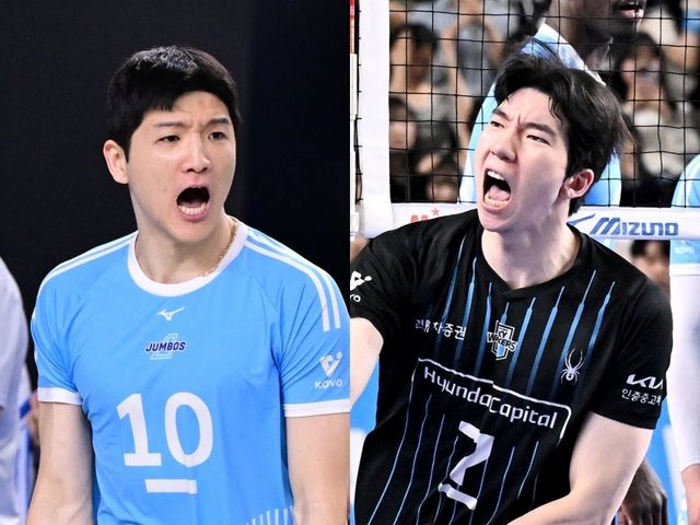 대한항공 정지석(오른쪽)과 현대캐피탈 허수봉은 10일 인천 계양체육관에서 열릴 V리그 남자부 챔피언 결정전 5차전에서도 치열한 화력 대결을 펼친다. 사진제공｜KOVO