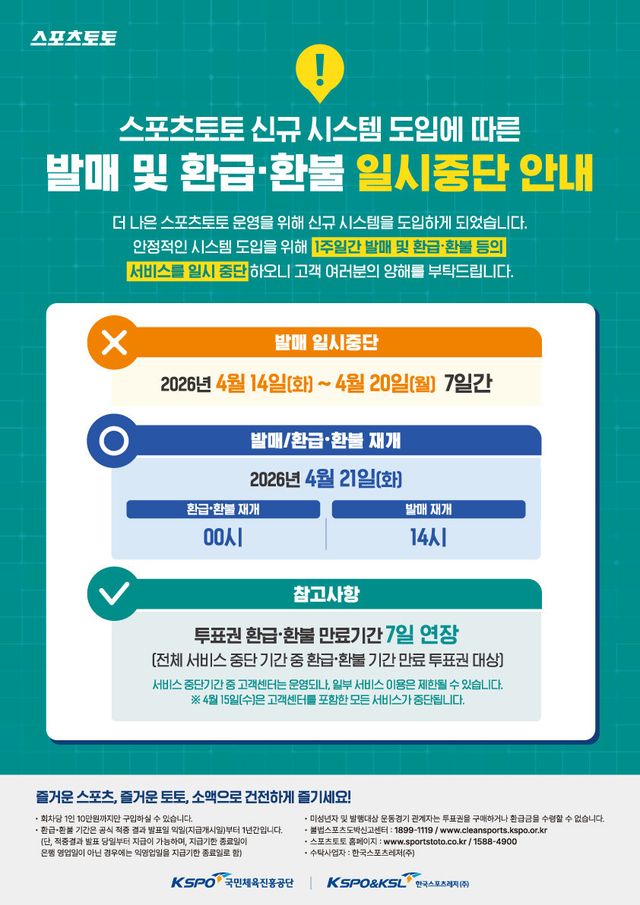 스포츠토토가 신규 시스템 도입을 위해 14일부터 일주일 간 발매 및 환급 ·환불 등의 서비스를 일시 중단한다.