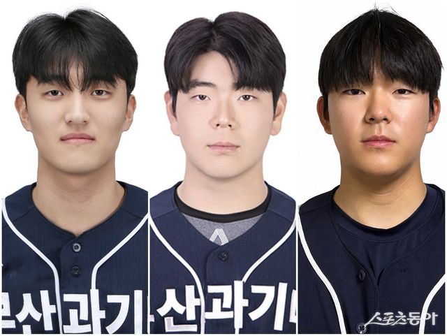 2026 세계대학야구대회 대표팀에 선발된 부산과기대 곽병진, 권희재, 김도균(왼쪽부터). 사진제공｜부산과학기술대 야구부