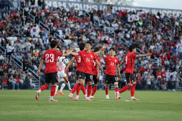 축구국가대표팀 선수들이 5월 31일(한국시간) 트리니다드토바고전서 득점한 뒤 기뻐하고 있다. 사진제공｜대한축구협회