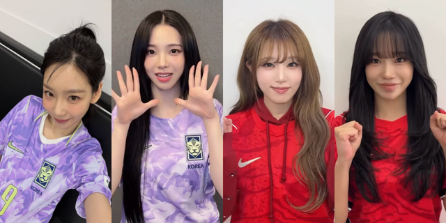 소녀시대 태연(왼쪽부터)과 에스파 카리나, 최예나, 조유리 등은 SNS 숏폼 영상을 매개로 ‘대표팀 공식 유니폼을 착용한 채 선전을 기원하는 메시지’를 잇달아 공개해 사진제공 | 인스타그램