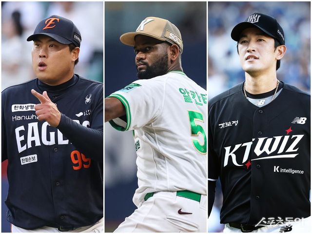 한화 류현진, 키움 라울 알칸타라, KT 고영표(왼쪽부터)가 9이닝당 볼넷 최소 1~3위를 달리고 있다. 사진제공｜한화 이글스·키움 히어로즈·KT 위즈