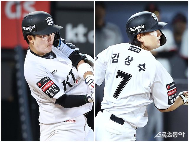 KT 허경민(왼쪽)과 김상수가 7일 수원 키움전서 나란히 멀티 히트로 승리를 쌍끌이 했다. 사진제공｜KT 위즈