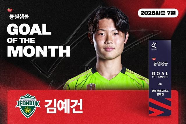 한국프로축구연맹은 12일 “김예건이 2026년 7월 ‘안심을 마시다 동원샘물 이달의 골’ 수상자로 선정됐다”고 밝혔다. 사진제공｜한국프로축구연맹