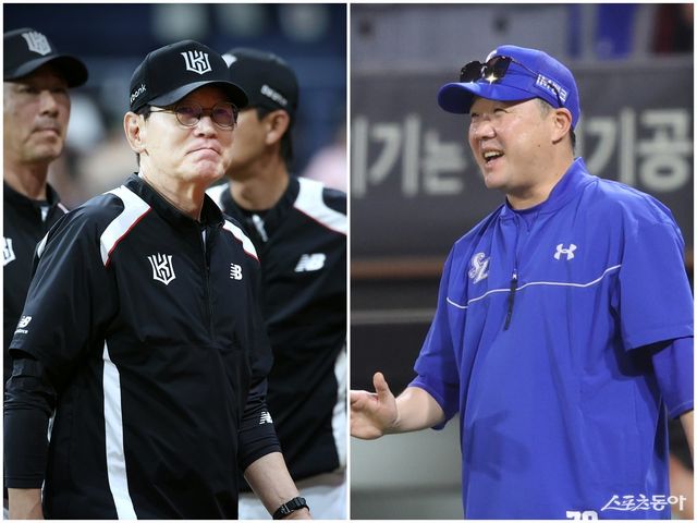 지난 두 달간 장외 대결을 벌인 KT와 삼성이 선두 싸움의 분수령이 될 3연전을 펼친다. 이강철 KT 감독(왼쪽)과 박진만 삼성 감독. 사진제공｜KT 위즈·삼성 라이온