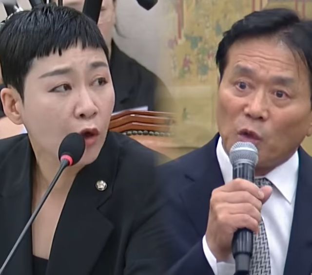 문진희 전 대한축구협회 심판위원장(오른쪽)이 지난달 30일 국회 청문회에서 국회 문체위 김재원 의원과 설전을 벌이고 있다. 사진출처｜국회방송 영상캡처