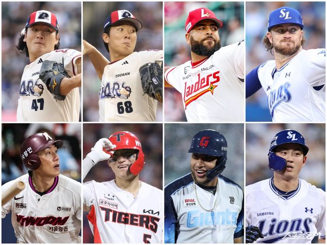 8월 월간 MVP 후보로 두산 곽빈, 최민석, SSG 페드로 아빌라, 삼성 크리스 페덱, 구자욱, 롯데 빅터 레이예스, KIA 김도영, 키움 서건창(왼쪽 위부터 시계 방향) 등 8명이 선정됐다. 사진제공｜두산 베어스·SSG 랜더스·삼성 라이온즈·롯데 자이언츠·KIA 타이거즈·키움 히어로즈