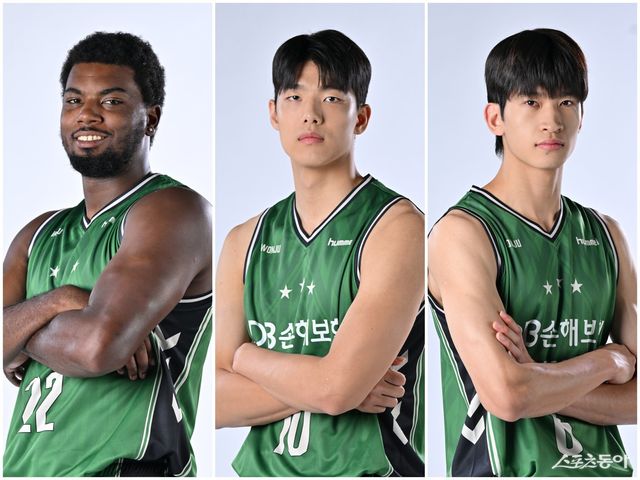 DB가 새 시즌을 앞두고 시도하는 평균 신장 200㎝ 이상 라인업의 성패를 결정할 레이션 해먼즈, 김보배, 이유진(왼쪽부터) 사진제공｜KBL