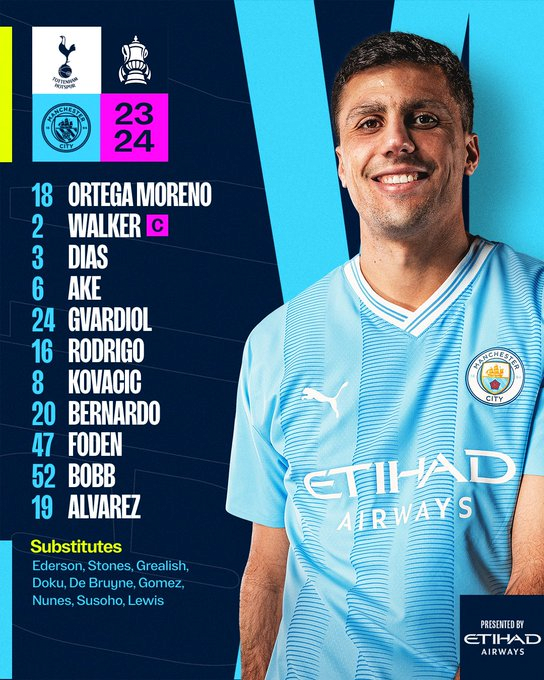 맨체스터 시티가 27일 영국 런던 토트넘 홋스퍼 스타디움에서 열린 토트넘 홋스퍼와의 2023-24시즌 FA컵 32강 맞대결서 네이선 아케의 결승골로 1-0 승리했다. 2018년 10월 이후 약 6년 동안 토트넘 원정서 무득점, 무승을 기록했던 맨시티는 이 경기로 징크스를 깨뜨리고 대회 16강에 진출했다. 맨시티 라인업. 맨시티 SNS