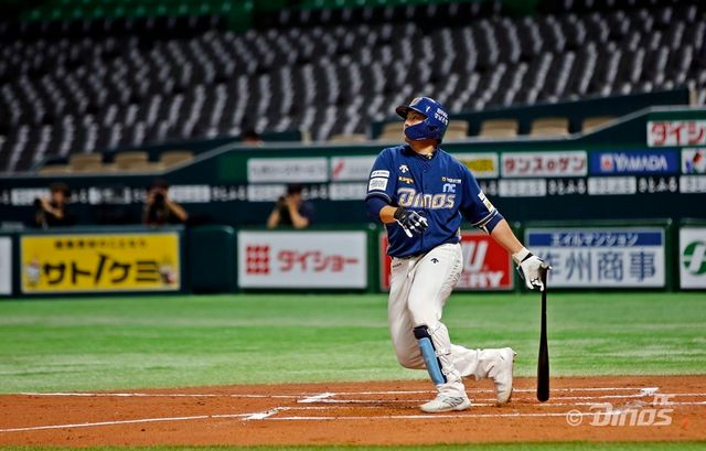 9일 오후 일본 미즈호 PayPay돔에서 열린 NC 다이노스와 소프트뱅크 호크스 2군의 교류전 2차전, NC 최보성이 3타수 1안타 2타점을 기록했다. NC 다이노스 제공