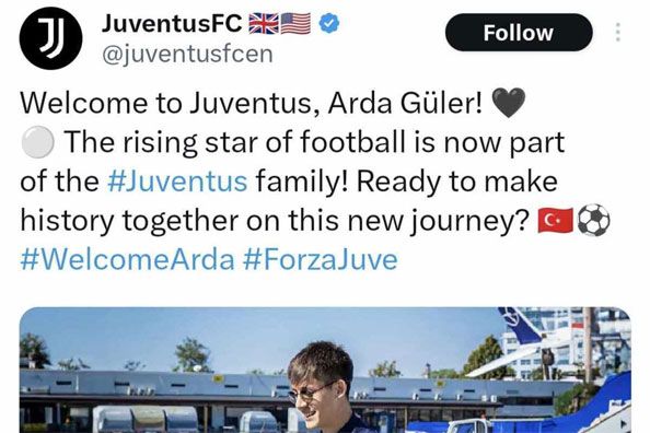 유벤투스 영어 계정이 지난 21일(한국시간) 사회관계망서비스(SNS) X에 갑자기 레알 마드리드 유망주 아르다 귈러의 영입을 발표했다. 이적시장 기간도 아니었기 때문에 모두 깜짝 놀랄 소식이었다.&nbsp;하지만 이는 곧바로 해킹으로 인한 거짓 정보인 것이 밝혀졌다. SNS