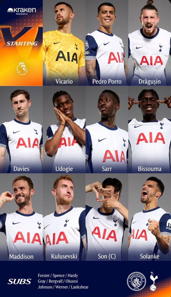 '맨시티 킬러' 손흥민이 또다시 맨체스터 시티를 상대로 맹활약했다. 부상에서 돌아온 주장 손흥민이 시즌 4호 도움을 기록한 가운데 손흥민의 소속팀 토트넘 홋스퍼는 맨체스터 시티를 상대로 4-0 대승을 거뒀다. 전반전에만 제임스 매디슨의 멀티골로 일찍이 앞서간 토트넘은 후반전에 두 골을 추가해 맨체스터 시티를 완벽하게 무너뜨렸다. 사진 토트넘 홋스퍼