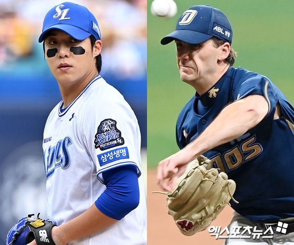 2024 KBO 골든글러브 투수 부문 수상을 놓고 격돌한 삼성 라이온즈 원태인(왼쪽)과 NC 다이노스 카일 하트. 사진 엑스포츠뉴스 DB