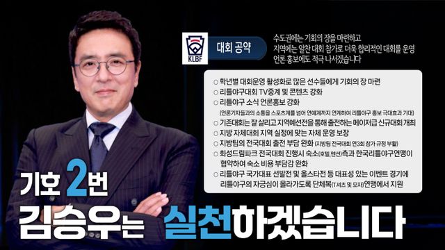 평소 야구에 관심이 많은 것으로 알려진 배우 김승우 씨가 제7대 한국리틀야구연맹 회장 후보로 등록됐다. 김 후보는 리틀야구의 새 변화가 필요하다는 점을 강조하면서 여러 문제를 해결해 리틀야구의 도약을 이끌겠다는 의지를 내비쳤다. 한국리틀야구연맹