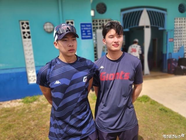 롯데 자이언츠 외야수 김민석과 윤동희가 2월 3일 괌 데데도 스포츠 컴플렉스 야구장에서 스프링캠프 오전 훈련을 마친 뒤 동반 인터뷰를 진행했다. 사진 엑스포츠뉴스