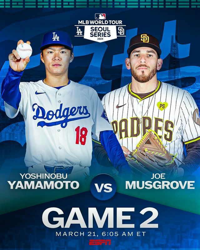 MLB 서울시리즈가 임박한 가운데 20일에 1차전에서 다저스는 타일러 글래스노우를 예고했고, 샌디에이고는 다르빗슈 유로 맞불을 놨다. 하루 뒤 21일 열릴 2차전 다저스는 신입생 야마모토 요시노부를 낙점했고, 샌디에이고는 조 머스그로브를 선택했다. 엠엘비닷컴