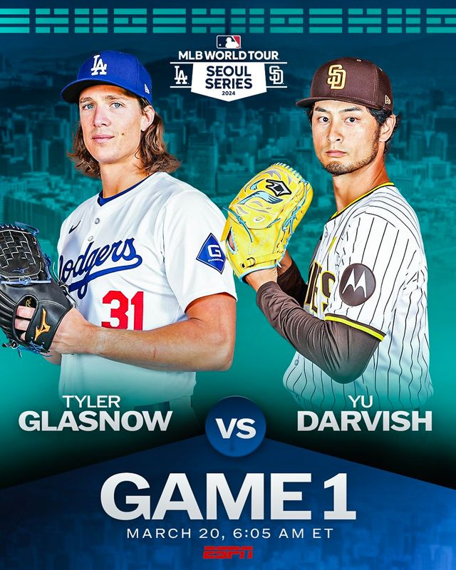MLB 서울시리즈가 임박한 가운데 20일에 1차전에서 다저스는 타일러 글래스노우를 예고했고, 샌디에이고는 다르빗슈 유로 맞불을 놨다. 하루 뒤 21일 열릴 2차전 다저스는 신입생 야마모토 요시노부를 낙점했고, 샌디에이고는 조 머스그로브를 선택했다. 엠엘비닷컴