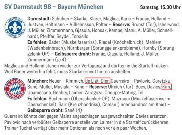 바이에른 뮌헨은 오는 16일 오후 11시30분 독일 다름슈타트에 위치한 머크 암 뵐렌팔토어에서 SV다름슈타트와 독일 분데스리가 26라운드 원정 경기를 가질 예정이다. 경기를 앞두고 독일 최대 축구 전문지 키커는 김민재가 이날도 에릭 다이어와 마테이스 더리히트한테 밀려 벤치를 지킬 것으로 예상했다. 최근 2경기 연속 벤치에서 출발한 김민재가 다름슈타트 원정도 선발에서 제외된다면 3경기 연속 벤치를 지키게 된다. 키커 홈페이지