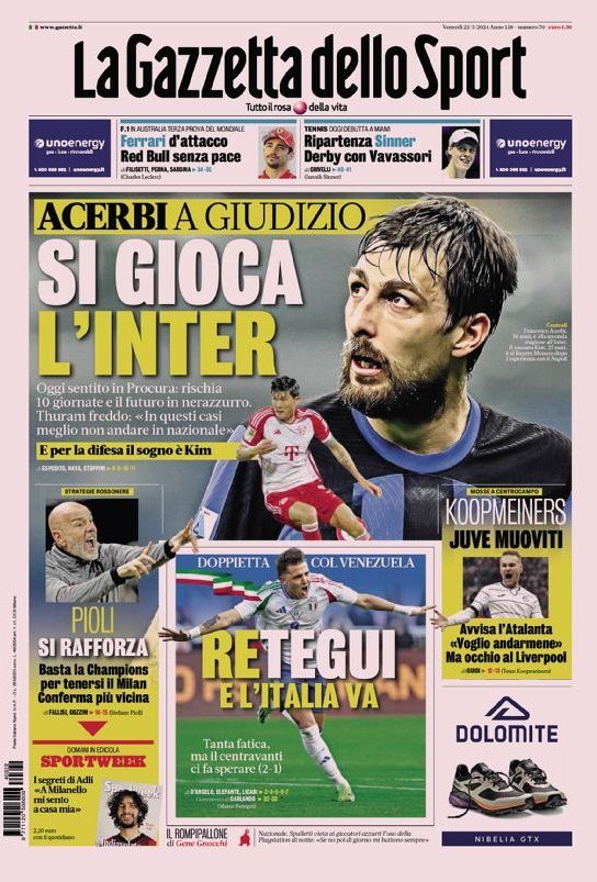 이탈리아 매체 라 가제타 델로 스포르트에 따르면 인터밀란은 최근 인종차별 발언 논란으로 최소 10경기 출장 정지 징계를 받을 위험이 있는 36세 베테랑 센터백 프란체스코 아체르비 대체자로 여름에 김민재를 노리고 있다. 지난 시즌 나폴리와 이탈리아 세리에A에서 활약했던 김민재는 최근 바이에른 뮌헨 주전 경쟁에서 밀리며 벤치를 지키는 횟수가 늘어나기 시작했다. 라 가제타 델로 스포르트