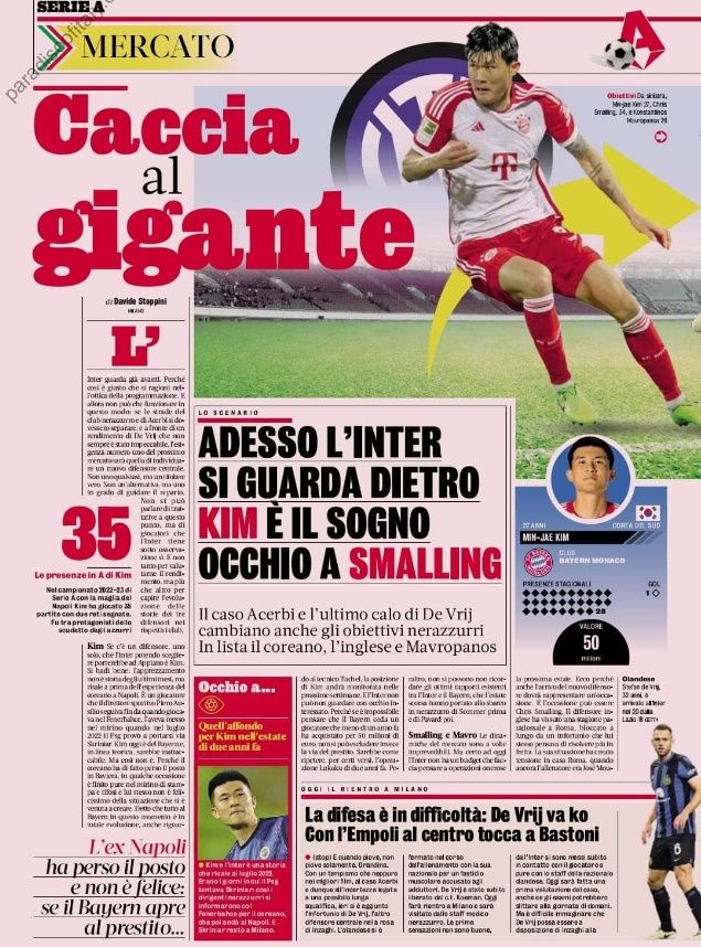이탈리아 매체 라 가제타 델로 스포르트에 따르면 인터밀란은 다가오는 여름 이적시장을 앞두고 김민재와 크리스 스몰링 그리고 콘스탄티노스 마브로파노스를 수비 영입 후보에 놓았다. 지난해 여름 바이에른 뮌헨으로 이적한 김민재는 최근 주전 경쟁에서 어려움을 겪으면서 인터밀란의 관심을 이끌었다. 인터밀란 디렉터 피에르 아우실리오는 김민재가 페너르바체에서 뛸 때부터 그를 주시한 것으로 알려졌다. 가제타