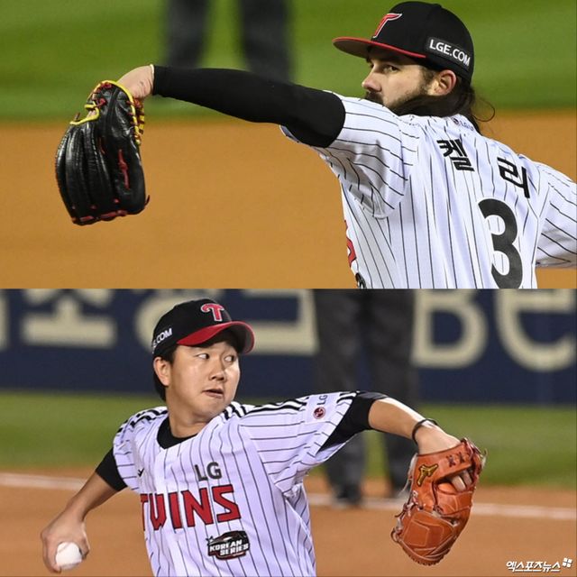 LG 트윈스 투수 케이시 켈리와 유영찬. 이들은 염경엽 감독에게 무한 신뢰를 받고 있다. 엑스포츠뉴스 DB