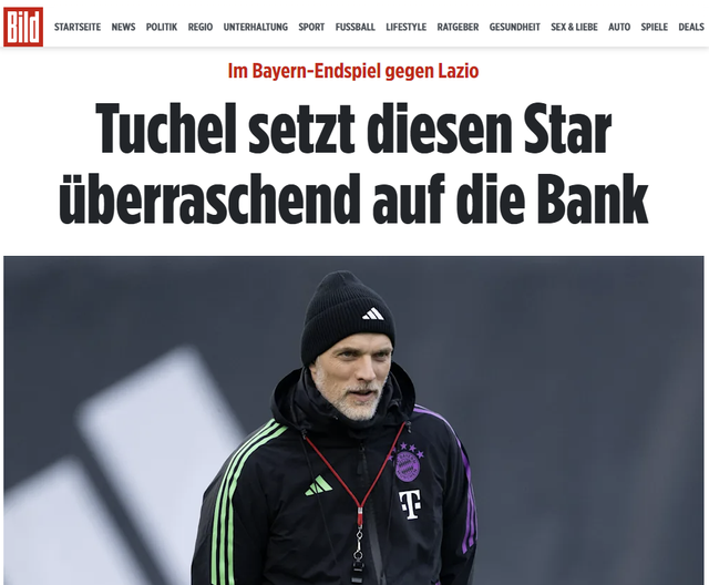 독일 유력지 빌트가 오는 6일 오후 5시에 열리는 유럽축구연맹 챔피언스리그 바이에른 뮌핸-라치오 로마 16강 2차전 예고 기사를 내면서 김민재의 선발 제외를 확신했다. 매체는 특히 김민재는 패했고 그의 자리는 없다며 순식간에 내려가는 그의 입지를 상당히 비판했다. 라치오전엔 에릭 다이어와 마테이스 더리흐트가 나설 것으로 예측했다. 빌트