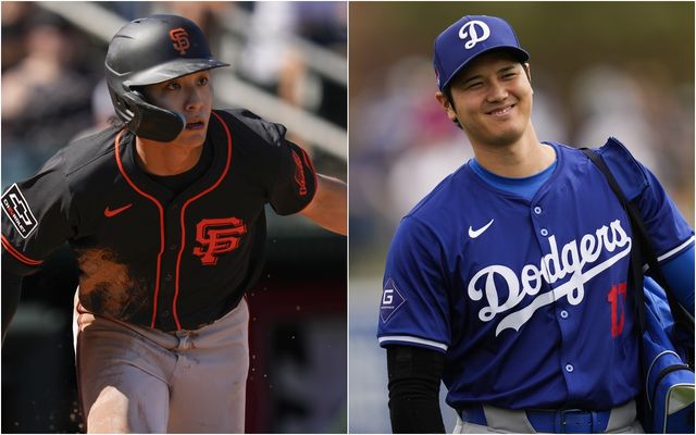 왼쪽부터 샌프란시스코 자이언츠 이정후, LA 다저스 오타니 쇼헤이. 8일 두 팀의 맞대결에서 이정후와 오타니가 미니 한일전을 펼치는 듯했지만 오타니의 결장으로 아쉽게 무산됐다. 이정후는 1번 타자 겸 중견수로 선발 출전한다. AP/연합뉴스