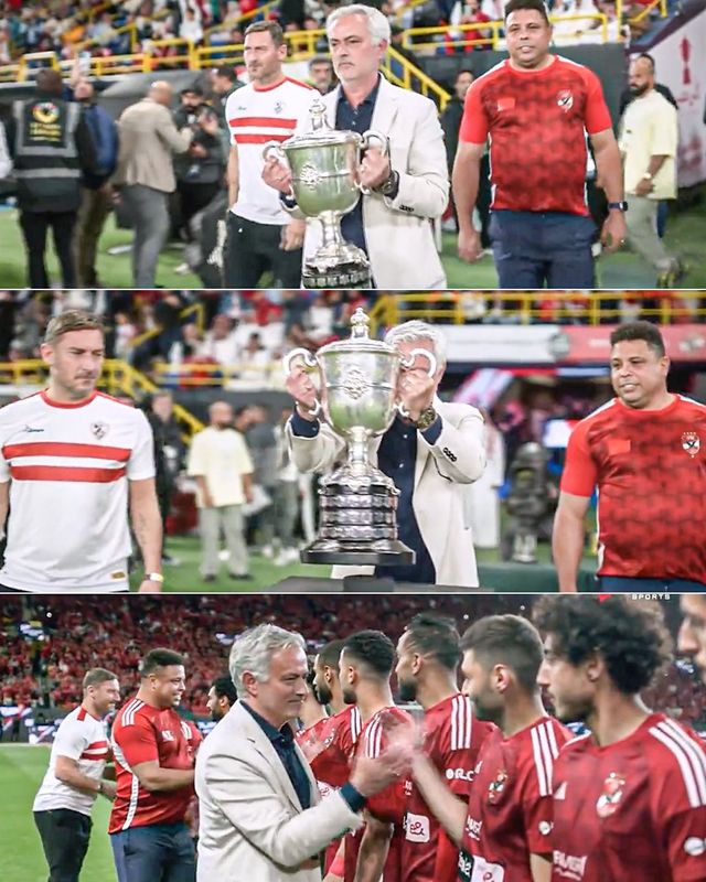 아랍 방송사 온타임 스포츠가 9일(한국시간) 자신들이 중계하는 2022-2023시즌 이집트컵 결승전에 앞서 무리뉴와 호나우두, 프란체스코 토티가 등장한 영상을 공개했다.&nbsp; 이날 사우디 리야드에 있는 알 아왈 스타디움에서 열린 자말렉과 알아흘리의 이집트컵 결승전이 열렸다. 전통의 명문 간 맞대결에 앞서 무리뉴가 두 레전드와 함께 선수단 격려를 위해 등장했다.&nbsp;스포츠바이블