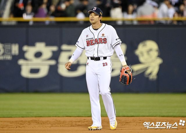 두산 베어스 주전 2루수 강승호. 지난달 23일 정규시즌 개막 후 4월 9일 잠실 한화 이글스전까지 팀 내 최다 안타, 타점, 홈런을 기록 중이다. 사진 엑스포츠뉴스 DB