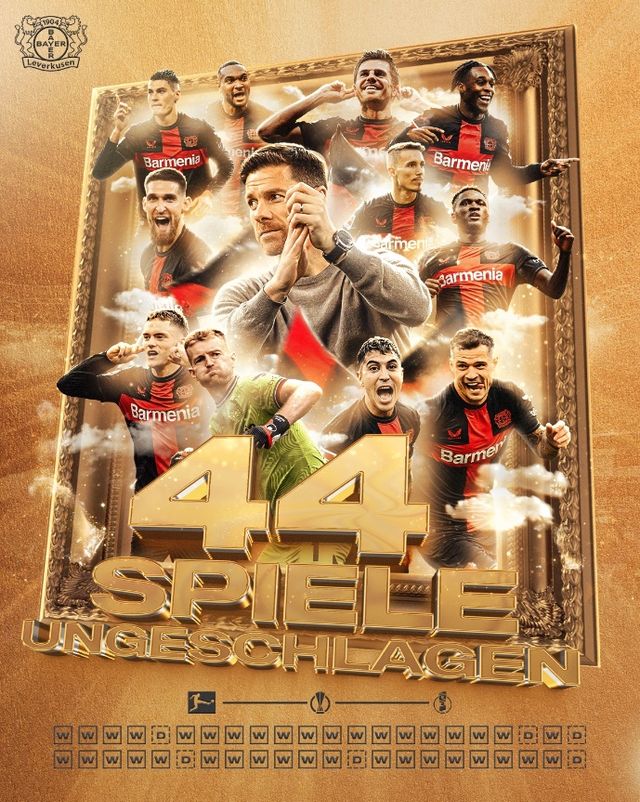 바이엘 레버쿠젠은 19일 영국 런던에 위치한 런던 스타디움에서 열린 웨스트햄 유나이티드와의 UEFA 유로파리그 8강 2차전에서 무승부를 거뒀다. 8강 1차전에서 승리를 거둔 레버쿠젠은 2차전에서 패배를 면하며 유로파리그 4강 진출에 성공했다. 또 이날 무승부로 레버쿠젠은 올시즌 무패 기록을 44경기로 늘리며 종전의 유벤투스의 43경기 무패 기록을 넘으며 신기록을 세웠다. 레버쿠젠 SNS