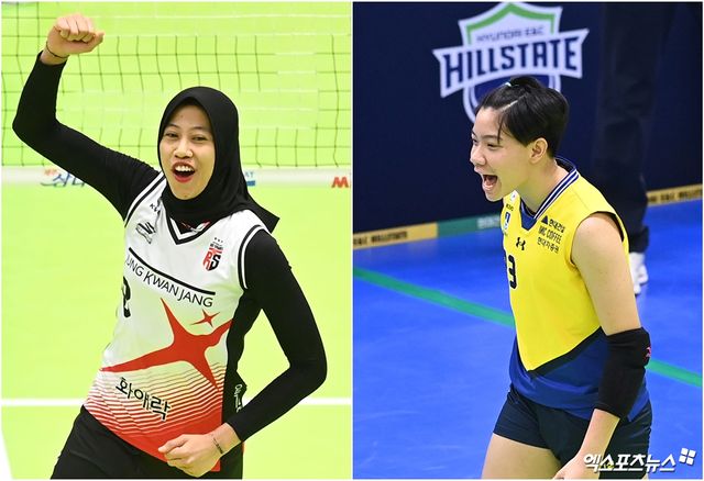 왼쪽부터 여자프로배구 정관장 아포짓 스파이커 메가왓티 퍼티위와 현대건설 아웃사이드 히터 위파위 시통. 아시아쿼터 외인 재계약에 성공했다. 엑스포츠뉴스 DB