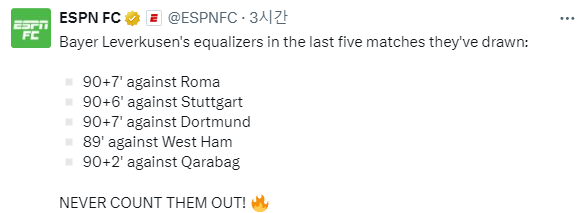 바이엘 레버쿠젠이 유럽 축구 역사상 최장 기간 무패 기록을 수립할 수 있었던 배경에는 강력한 뒷심이 있었다. 올 시즌 후반 추가시간에만 14골을 넣으며 퍼기 타임이 아닌 사비 타임이라는 신조어까지 등장했다. 사비 알론소 감독이 이끄는 레버쿠젠은 10일 독일 레버쿠젠에 위치한 바이아레나에서 열린 AS로마와의 2023-24시즌 유럽축구연맹 유로파리그 4강 2차전서 2-2로 비겼다. 앞서 로마 원정에서 2-0으로 승리했던 레버쿠젠은 1, 2차전 합계 4-2를 기록하며 결승 진출에 성공했다.&nbsp;또한 시즌 무패 기록을 49경기로 늘리면서 유럽 축구 역사상 최장 기간 무패 기록을 경신했다. 연합뉴스