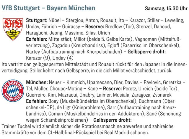 독일 축구 전문지 키커가 2일(한국시간) 바이에른 뮌헨의 슈투트가르트 원정 예상 라인업을 소개하면서 김민재를 벤치 멤버로 전망했다.&nbsp; 뮌헨은 오는 4일 오후 10시 30분 독일 바덴뷔르템베르크주 슈투트가르트에 있는 메르세데스-벤츠 아레나에서 슈투트가르트와 2023-2024시즌 분데스리가 32라운드 원정 경기를 갖는다.&nbsp;키커