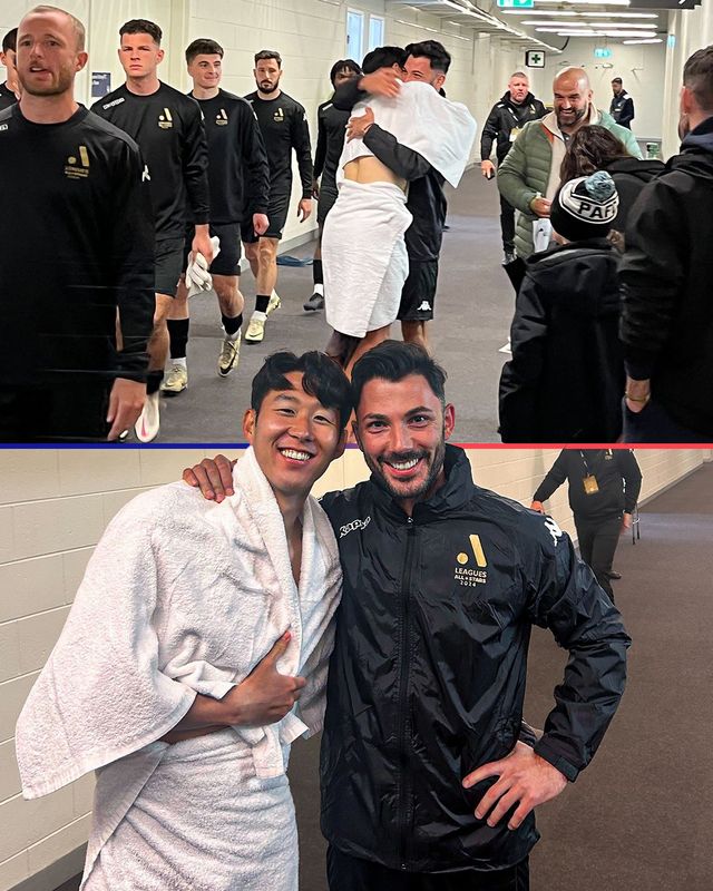 손흥민이 21일(한국시간) 호주 멜버른에 있는 멜버른 크리켓 스타디움에서 진행된 토트넘 홋스퍼의 오픈 트레이닝 행사를 앞두고 전 소속팀 함부르크 동료 톨가이 아슬란(33)과 재회했다.&nbsp; 토트넘은 오는 22일 오후 6시 45분 이곳에서 뉴캐슬 유나이티드와 시즌 종료 후 친선 경기를 갖는다.&nbsp;손흥민은 이날 오픈 트레이닝 이후 함부르크 시절 절친 아슬란과 포옹했다. 호주 A리그