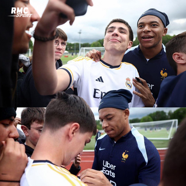 프랑스 언론 RMC스포트가 31일(한국시간) 음바페가 프랑스 대표팀 훈련 후 레알 마드리드 유니폼을 입고 온 팬에게 사인과 사진을 해줬다고 전했다.&nbsp; 현재 음바페는 디디에 데샹 감독이 이끄는 프랑스 축구 대표팀에 소집돼 유럽축구연맹(UEFA) 유로 2024 출전을 준비하고 있다.&nbsp;이날 훈련장을 찾은 한 팬이 레알 마드리드 유니폼을 입고 사인과 사진을 요청했고 음바페는 흔쾌히 응했다. RMC스포츠