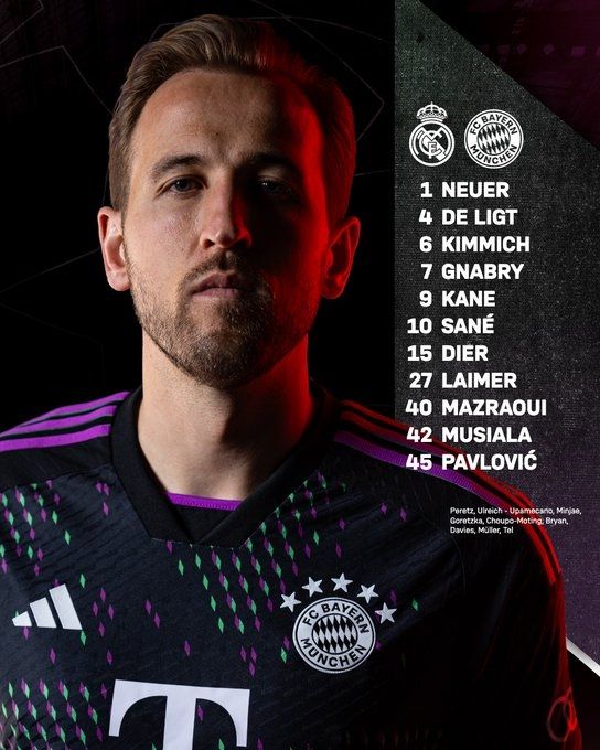 스페인 거함 레알 마드리드가 9일 스페인 마드리드 산티아고 베르나베우에서 열린 2023-2024 유럽축구연맹(UEFA) 챔피언스리그 준결승 2차전 홈 경기에서 김민재 소속팀인 독일 최고 명문 바이에른 뮌헨에 2-1 역전승을 거두고 결승에 올라 통산 15번째 우승컵을 노리게 됐다. 뮌헨은 알폰소 데이비스의 선제골과 김민재의 후반 중반 투입으로 승리를 굳혀가는 듯 했으나 토마스 투헬 감독이 해리 케인, 자말 무시알라까지 빼는 충격적인 용병술을 펼친 끝에 역전패하고 4년 만의 우승이 무산됐다. 결승전은 레알 마드리드-보루시아 도르트문트 맞대결로 결론이 났다. 바이에른 뮌헨의 선발 명단. 바이에른 뮌헨