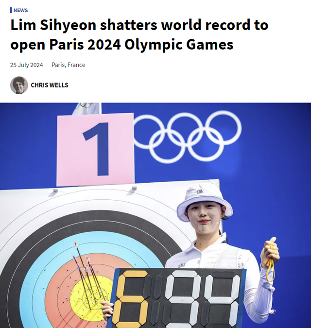 한국 양궁이 25일 열린 2024 파리 하계올림픽 양궁 랭킹라운드에서 5개 전종목 1위를 차지했다. 임시현은 여자 개인전 세계신기록을 세웠고, 여자 단체전과 혼성 단체전에선 올림픽신기록을 수립했다. 김우진은 2016 리우 올림픽에 이어 8년 만에 랭킹라운드 1위를 차지했다. 세계양궁연맹은 한국 양궁의 올해 부진을 떠올리며 "한국 선수들이 의심을 지우고 전종목을 싹쓸이했다"는 말로 극찬을 아끼지 않았다. 세계양궁연맹