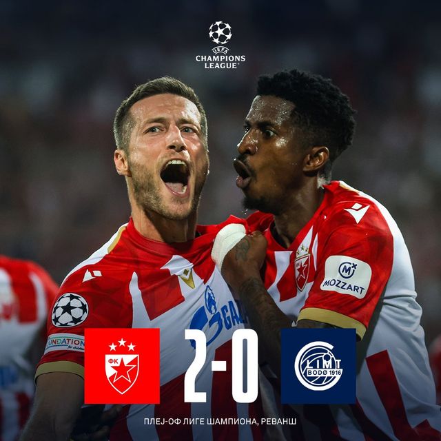 즈베즈다가 29일(한국시간) 세르비아 베오그라드에 있는 슈타디온 라이코 미티치에서 열린 보되글림트(노르웨이)와의 2024-2025시즌 대회 예선 플레이오프 2차전에서 2-0으로 승리했다.&nbsp; 원정 1차전에서 1-2로 패했던 즈베즈다는 홈 경기에서 실점 없이 승리를 가져가며 합계 스코어 3-2로 역전에 성공해 본선 진출에 성공했다.&nbsp;즈베즈다